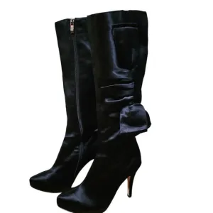 GLINT Designer Black Satin Tall Pump Boots with Bow Sz 7.5M