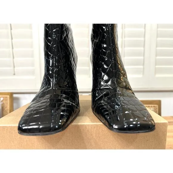 Good American Women's Ankle Boots Croc Embossed Black Size 7 NWOB Square Toe