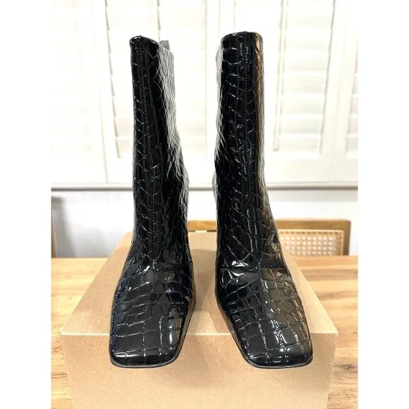 Good American Women's Ankle Boots Croc Embossed Black Size 7 NWOB Square Toe