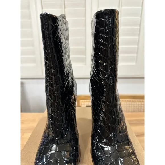 Good American Women's Ankle Boots Croc Embossed Black Size 7 NWOB Square Toe