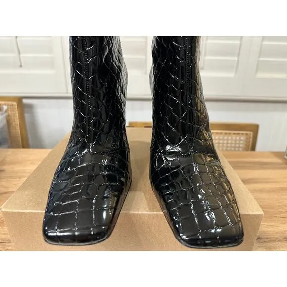 Good American Women's Ankle Boots Croc Embossed Black Size 7 NWOB Square Toe