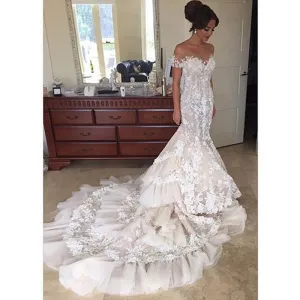 Gorgeous Lace Off the Shoulder Mermaid Long Bridal Wedding Dresses, BGP233