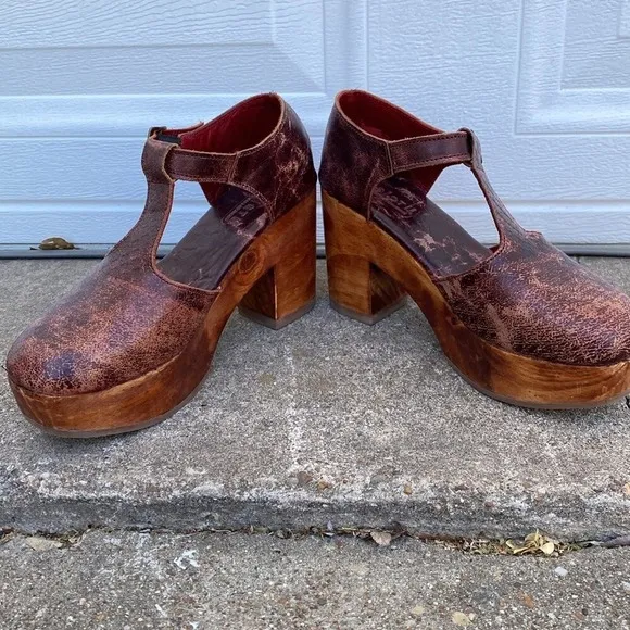 GUC Bed:Stu Turner Merlot Leather Ankle Strap Platform Clogs Mule Women's Size 8