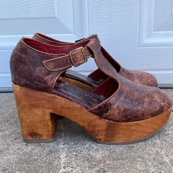 GUC Bed:Stu Turner Merlot Leather Ankle Strap Platform Clogs Mule Women's Size 8