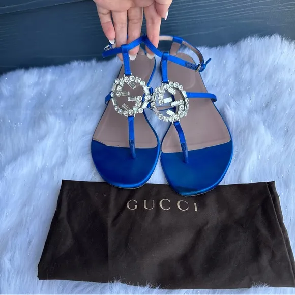 Gucci Crystal Interlocking GG Women's Blue Sandals 37.5 US 7.5