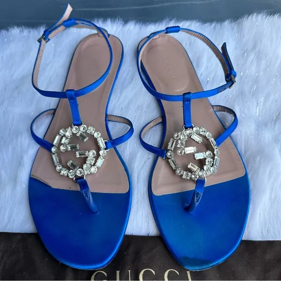Gucci Crystal Interlocking GG Women's Blue Sandals 37.5 US 7.5