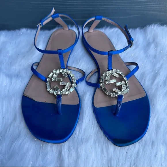 Gucci Crystal Interlocking GG Women's Blue Sandals 37.5 US 7.5