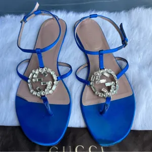 Gucci Crystal Interlocking GG Women's Blue Sandals 37.5 US 7.5