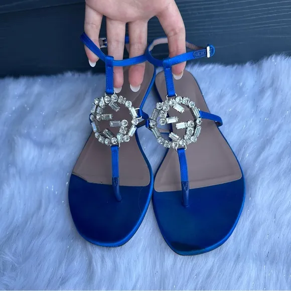 Gucci Crystal Interlocking GG Women's Blue Sandals 37.5 US 7.5