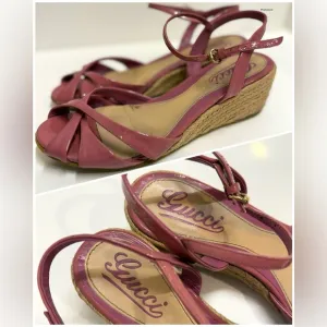 GUCCI Microguccissima Shine Low Wedge Sandals, Size 6.5