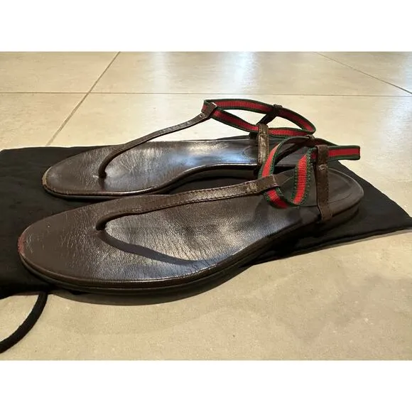 Gucci woman’s leather Sandals flip flop Sherri Line brown sz‎ 37.5 / 7.5 US
