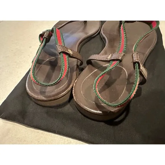 Gucci woman’s leather Sandals flip flop Sherri Line brown sz‎ 37.5 / 7.5 US