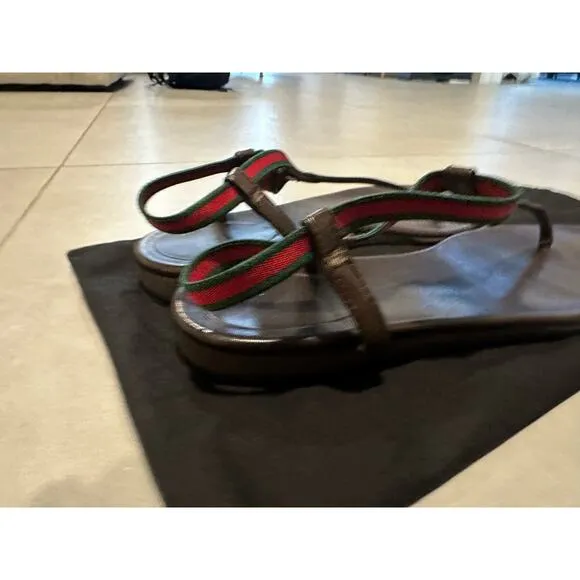 Gucci woman’s leather Sandals flip flop Sherri Line brown sz‎ 37.5 / 7.5 US