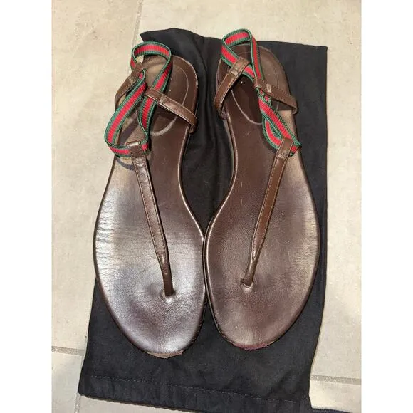 Gucci woman’s leather Sandals flip flop Sherri Line brown sz‎ 37.5 / 7.5 US