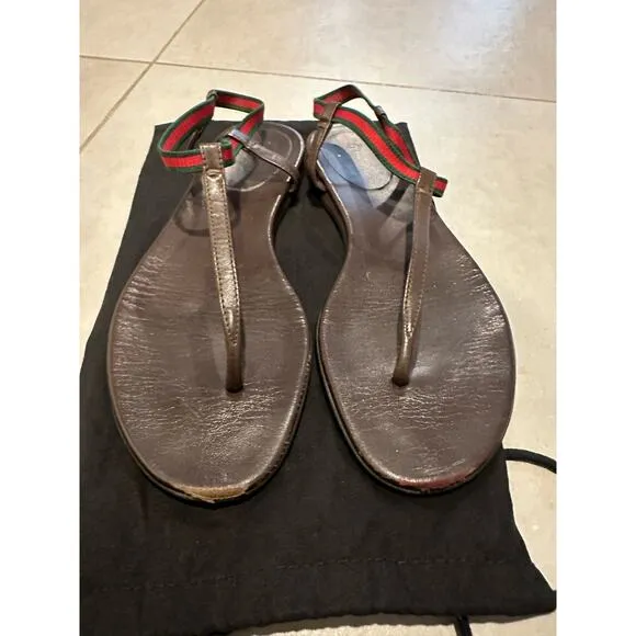 Gucci woman’s leather Sandals flip flop Sherri Line brown sz‎ 37.5 / 7.5 US