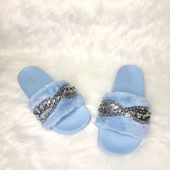 Guess faux fur slides sandals.