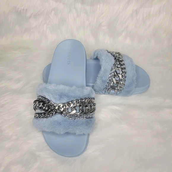 Guess faux fur slides sandals.