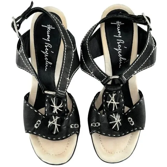 Henry Beguelin Black Leather Beaded Boho Sandals Size 38.5