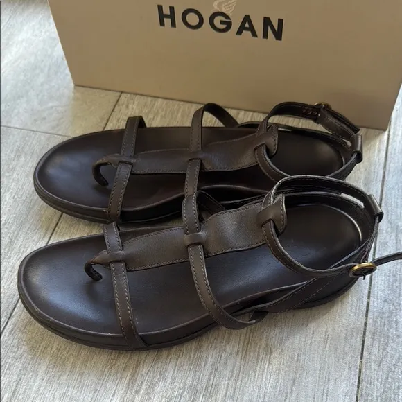 Hogan Fussbett Women's Brown Leather Gladiator Sandals size 6.5 support footbed