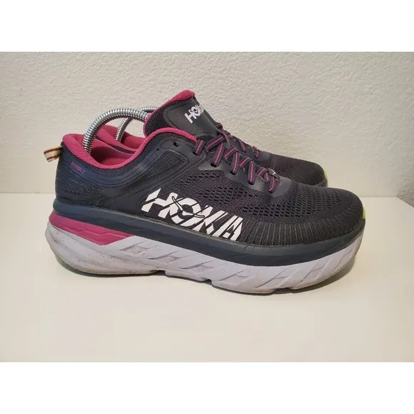 Hoka One One Bondi 7 Womens Sz 9.5 Running Shoes Sneakers Blue Graphite Fuchsia
