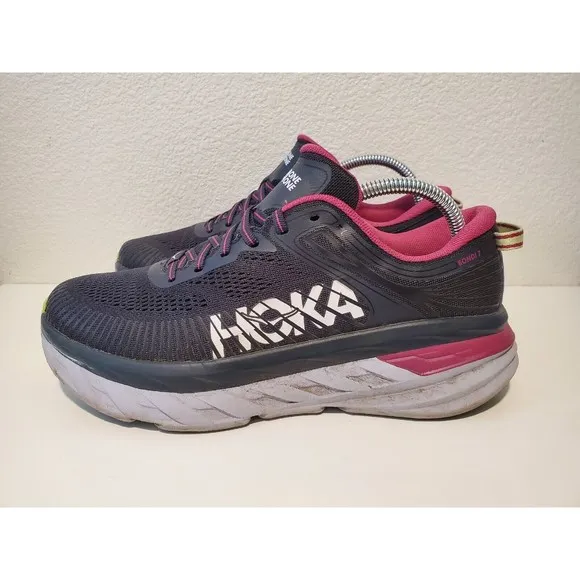 Hoka One One Bondi 7 Womens Sz 9.5 Running Shoes Sneakers Blue Graphite Fuchsia