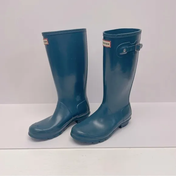 Hunter Boots w/ Reflectors Teal Original Kids Gloss US Boy Size 5, Girl Size 6