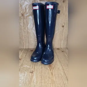 Hunter Navy Blue Rain Boots Tall Glossy Size 10