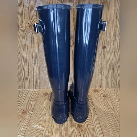 Hunter Navy Blue Rain Boots Tall Glossy Size 10