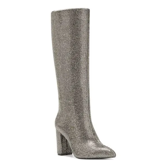 INC Womens Silver Rhinestone Pointed Toe Block Heel Zip-Up Heeled Boots 5