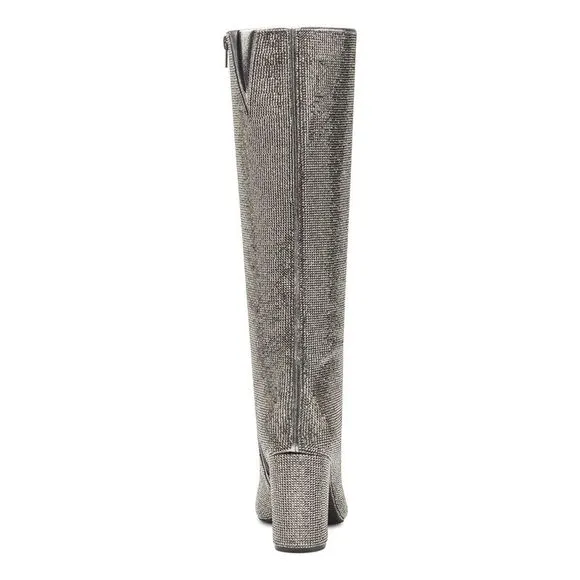 INC Womens Silver Rhinestone Pointed Toe Block Heel Zip-Up Heeled Boots 5