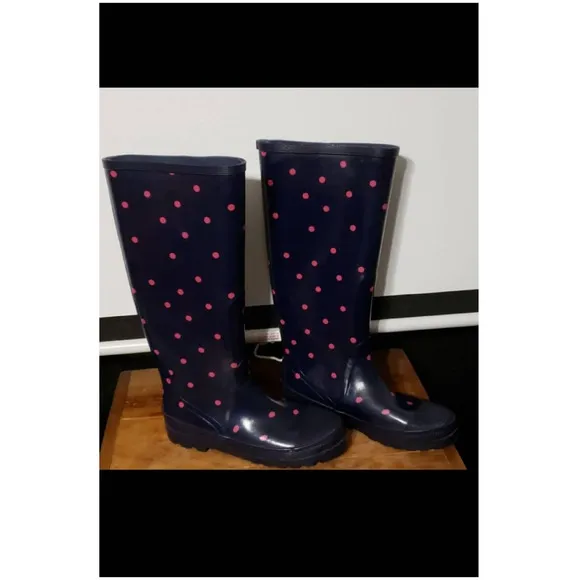 J Crew Navy/Pink Polka Dot Tall Rain Boots  7