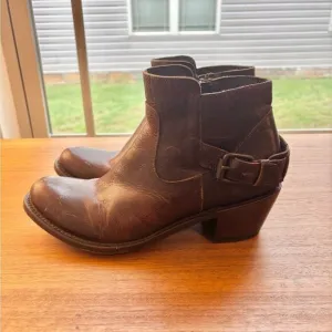 J.B. Dillon Brown Leather Western Ankle Boots with Buckle Detail Moto biker