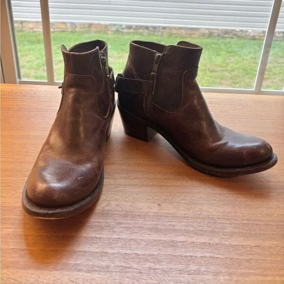 J.B. Dillon Brown Leather Western Ankle Boots with Buckle Detail Moto biker