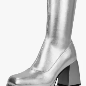 Jedkarar silver go go boot mid calf chunky heel size 9 NIB