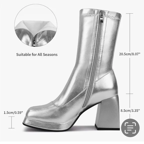 Jedkarar silver go go boot mid calf chunky heel size 9 NIB