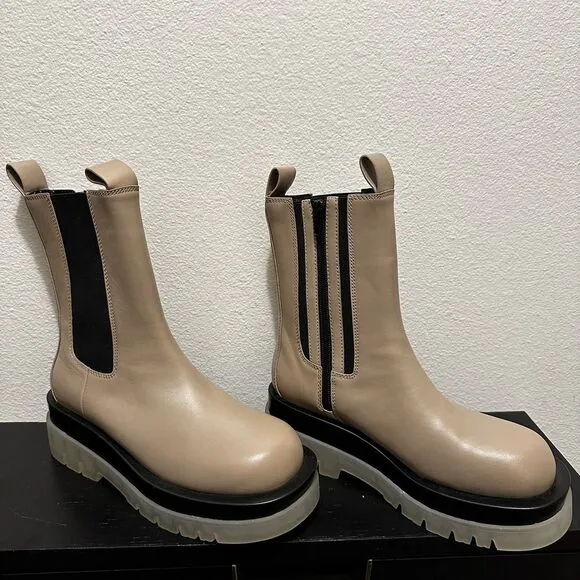 Jeffrey Campbell ‎ Womens Tanked Platform Taupe Chelsea Zip Boots Size 6 New