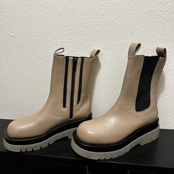 Jeffrey Campbell ‎ Womens Tanked Platform Taupe Chelsea Zip Boots Size 6 New
