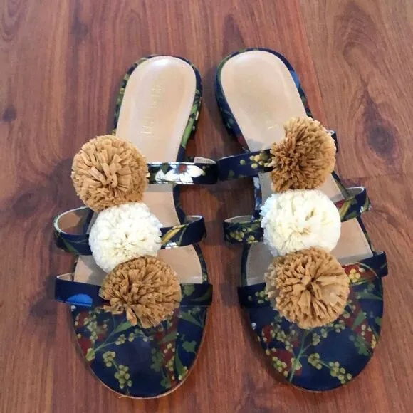 J McLaughlin Floral raffia pom-pom sandals navy tan size 8