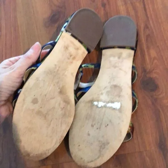 J McLaughlin Floral raffia pom-pom sandals navy tan size 8