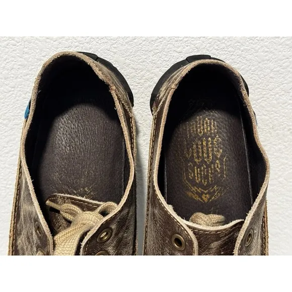 JOHN FLUEVOG Distressed Leather Shoes Sz 11 Brown Tough Love Sucks Unique Artsy
