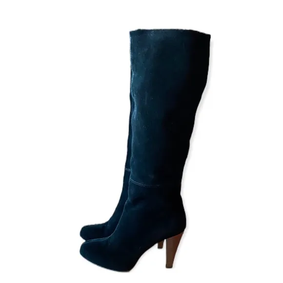 Joie Caviar Black Suede Tall Heeled Boots With Stitching detail