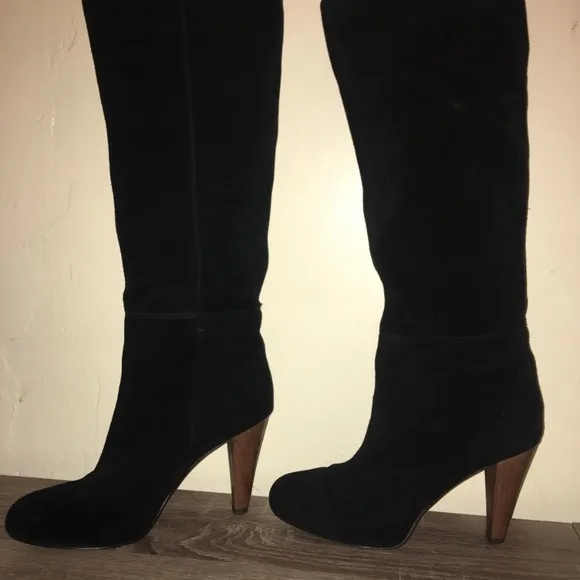 Joie Caviar Black Suede Tall Heeled Boots With Stitching detail