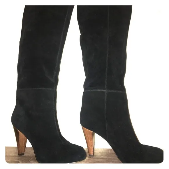 Joie Caviar Black Suede Tall Heeled Boots With Stitching detail