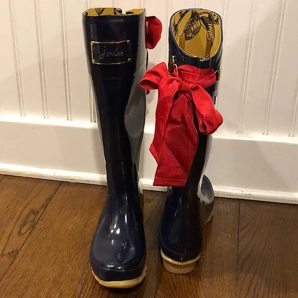 JOULES EVEDON Tall Navy Blue Rain Boots w Red Bow &amp; Toile Lining Size 9 LIKE NEW