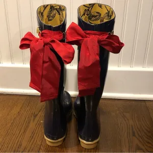 JOULES EVEDON Tall Navy Blue Rain Boots w Red Bow &amp; Toile Lining Size 9 LIKE NEW