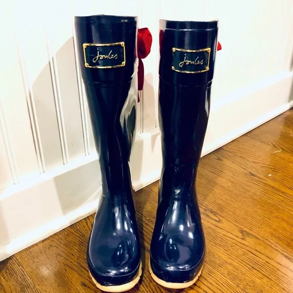 JOULES EVEDON Tall Navy Blue Rain Boots w Red Bow &amp; Toile Lining Size 9 LIKE NEW