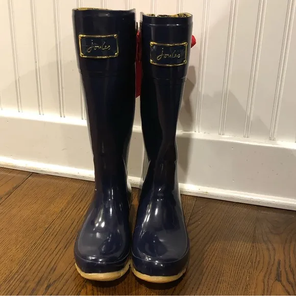 JOULES EVEDON Tall Navy Blue Rain Boots w Red Bow &amp; Toile Lining Size 9 LIKE NEW