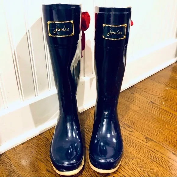JOULES EVEDON Tall Navy Blue Rain Boots w Red Bow &amp; Toile Lining Size 9 LIKE NEW