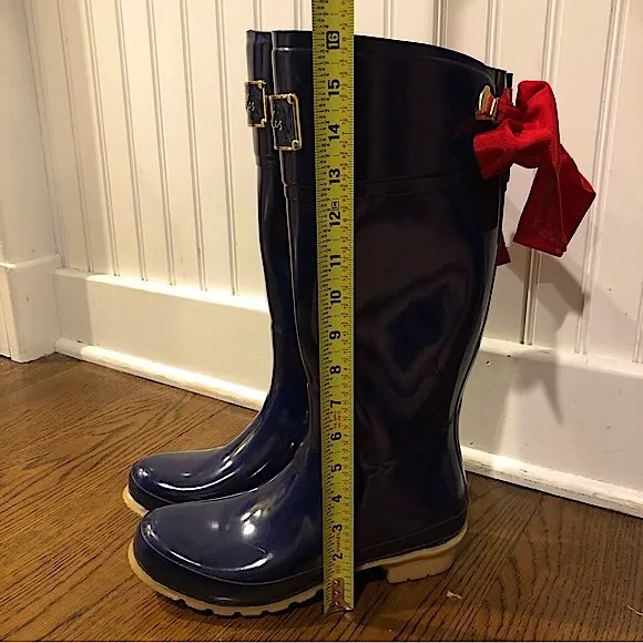 JOULES EVEDON Tall Navy Blue Rain Boots w Red Bow &amp; Toile Lining Size 9 LIKE NEW