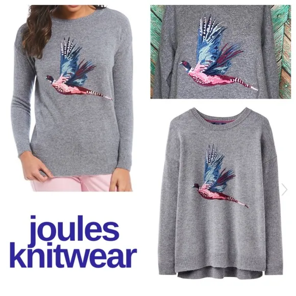 Joules Ladies Meryl Lambswool Blend Embroidered Jumper Grey Marl Pheasant